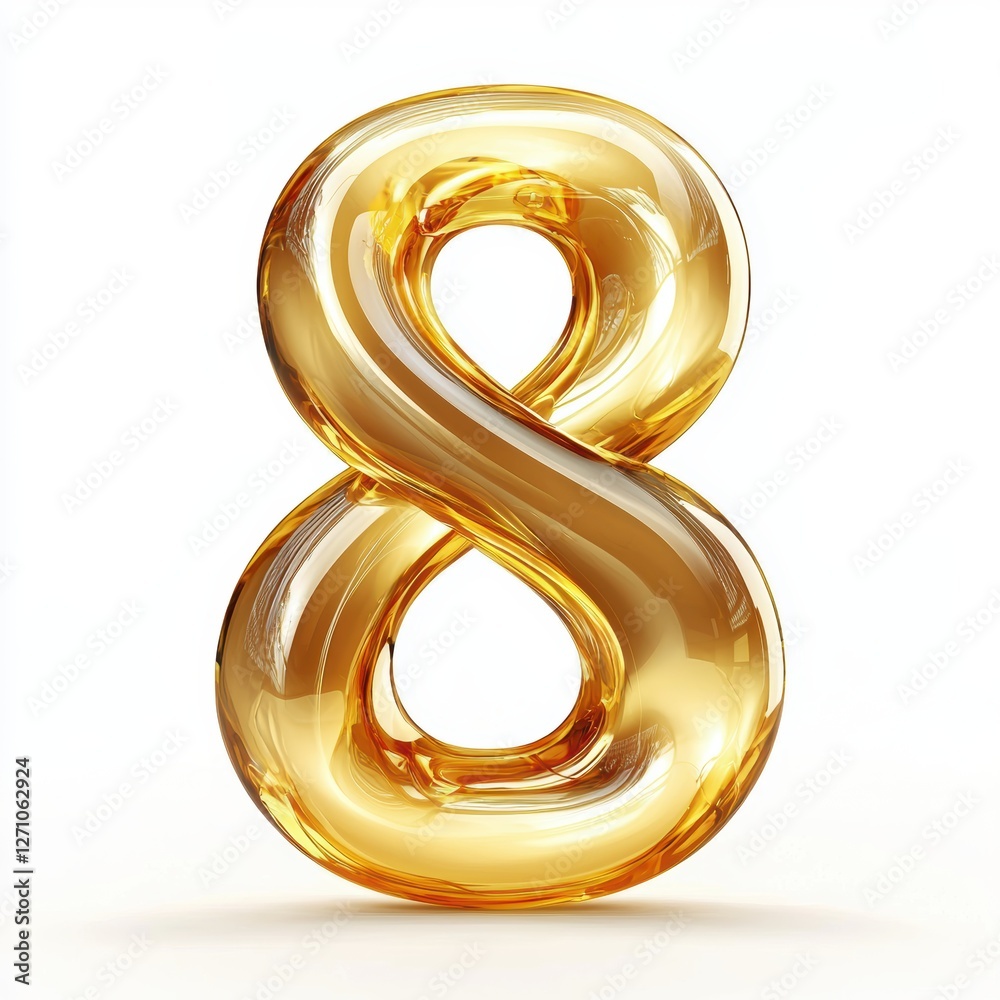 Golden number 8 with a shiny reflective surface for 8 March International Womens Day isolated on white Golden number 8 with a shiny reflective surface for 8 March International Womens Day isolated on white