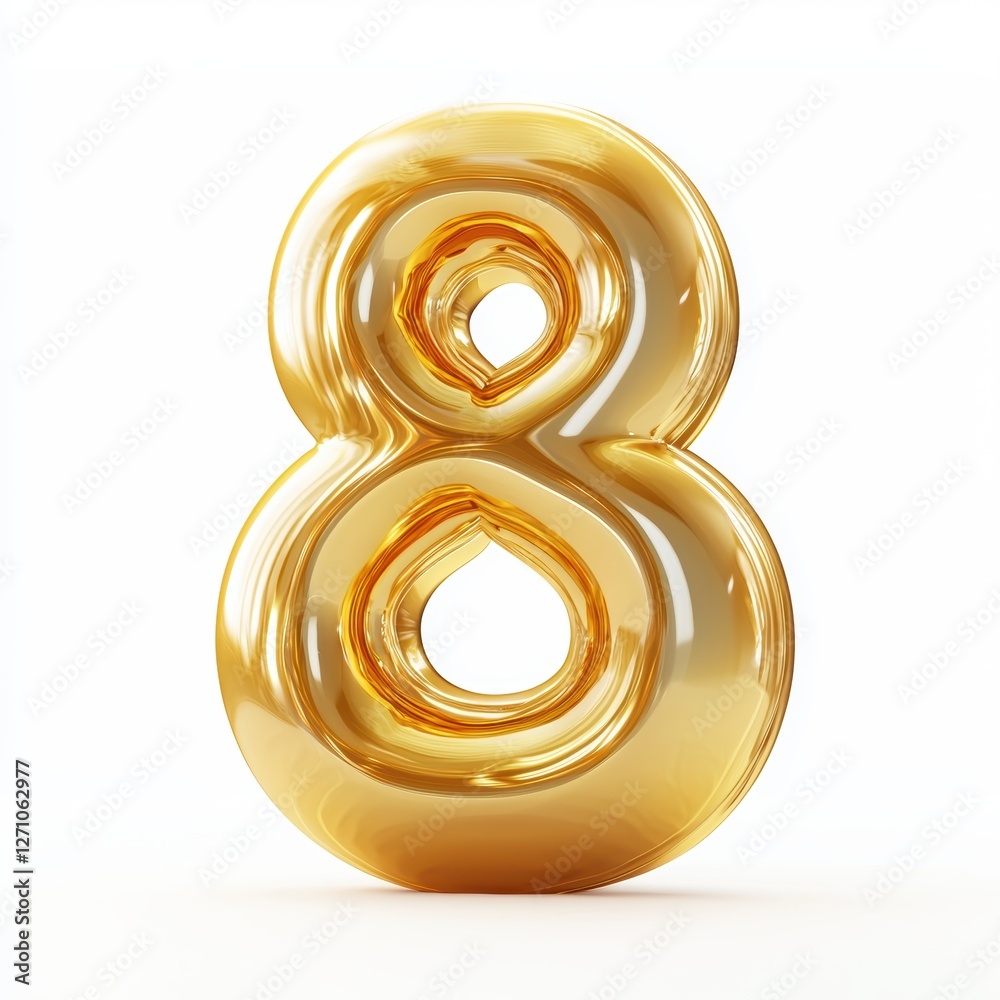 Golden number 8 with a shiny reflective surface for 8 March International Womens Day isolated on white Golden number 8 with a shiny reflective surface for 8 March International Womens Day isolated on white