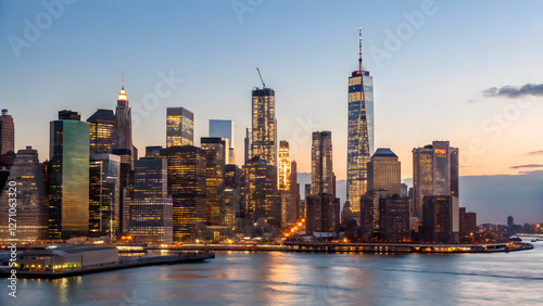 City in evening lights on all buildings wallpaper background 4k