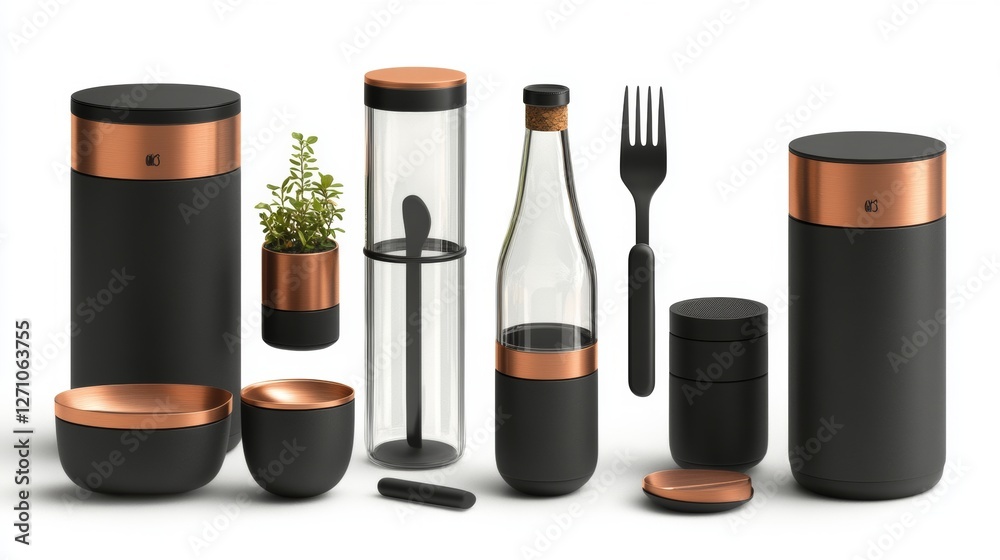 Fototapeta premium A range of clean and minimalistic icons highlighting essential cutlery items like forks, spoons, knives, plates, and cloches against a neutral backdrop, perfect for restaurant, catering, and dining
