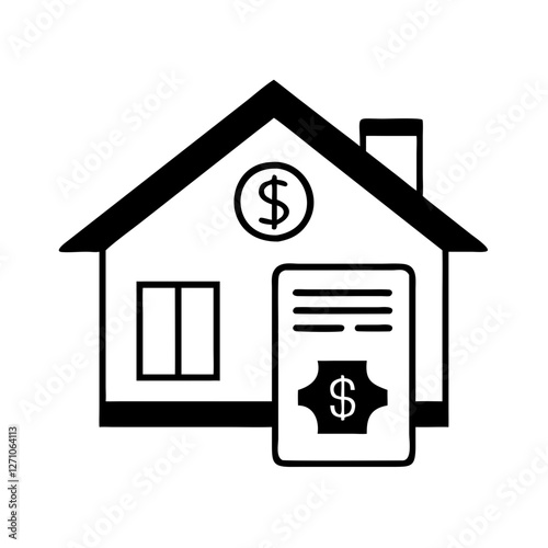 Icon of a house with a dollar sign and escrow document, representing property purchase or rental, black and white style
