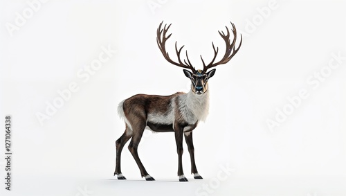 Reindeer standing on white background showing antlers