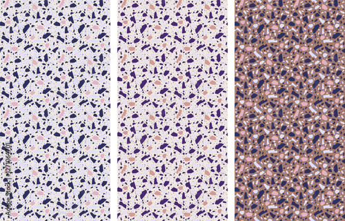 Set of new tile design. Terrazzo luxury style vector seamless pattern. Marble, stone, granite, glass on semi-transparent white color background. Floor, wall, fabric, paper, rug premium print texture.