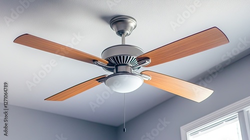 A stylish, contemporary ceiling fan with wooden blades in a well-lit room. photo