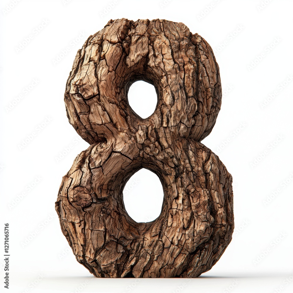 Number 8 sculpted from rough tree bark with deep wood grain on a clean white background for 8 March International Womens Day