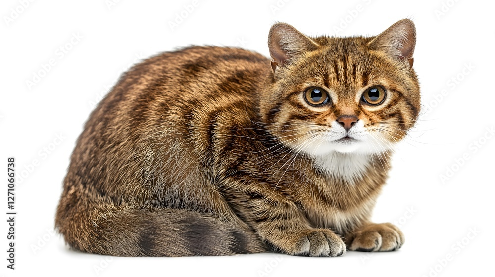 Obraz premium Elegant tabby and white domestic cat sitting in composed pose against isolated white background, professional feline portrait photography, natural pet character study