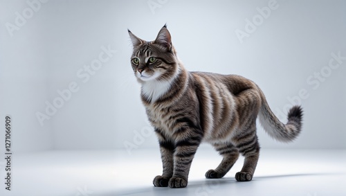 Curious cat standing on white background and looking away