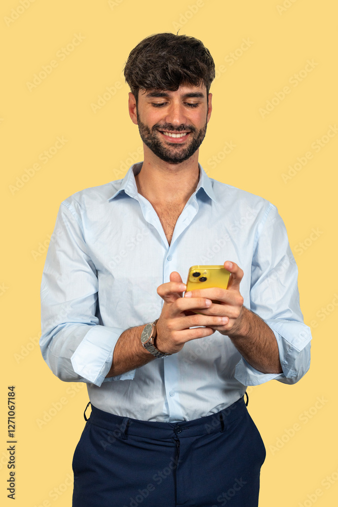 Smiling businessman using smartphone on yellow background Smiling businessman using smartphone on yellow background