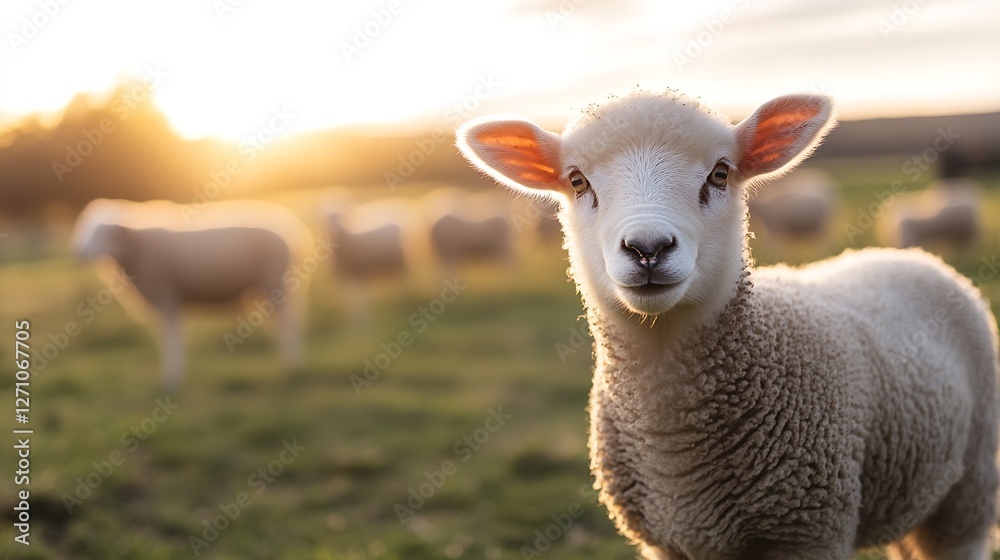 Obraz premium Adorable Sheep Grazing in a Sunlit Field with a Beautiful Background Landscape : Generative AI