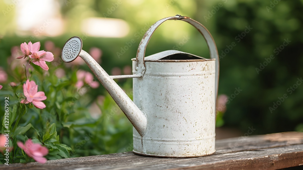 Rustic antique watering can with elegant curves and delicate patina, Generative AI Rustic antique watering can with elegant curves and delicate patina, Generative AI