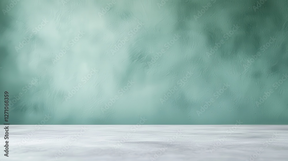 Minimalist green background with textured wall and white surface, ideal for creative designs or presentations.