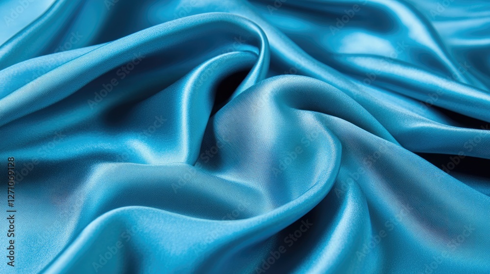 Fototapeta premium Metallic blue silk fabric waves with dynamic folds, glowing highlights, and a futuristic abstract appearance.