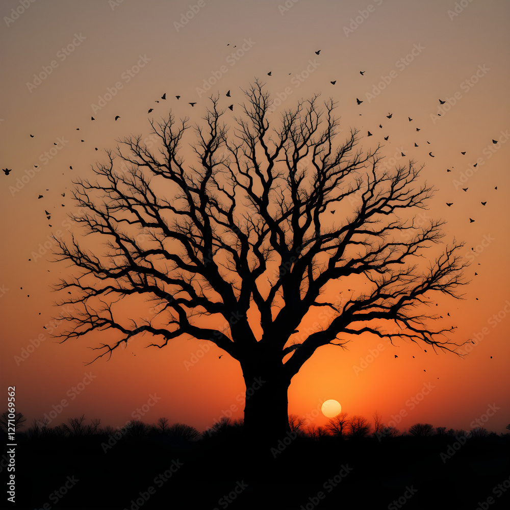 Fototapeta premium Silhouette of Tree Against Setting Sun with Orange Sky.