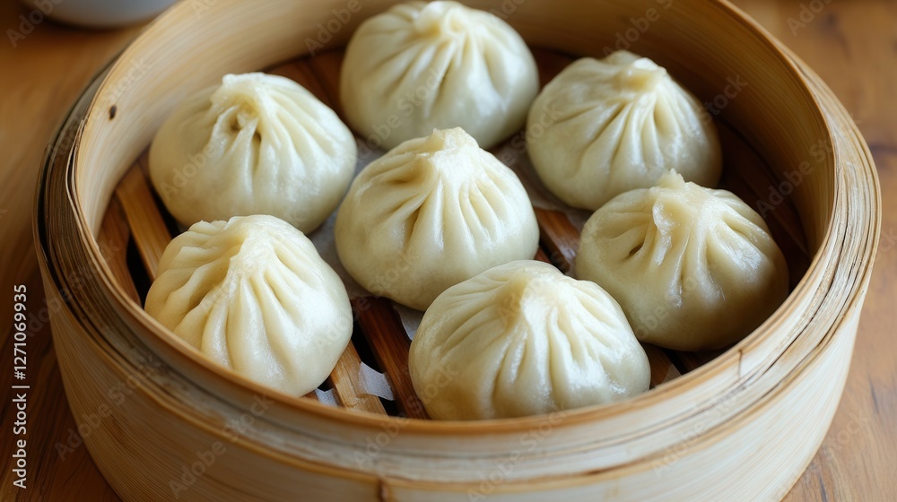 soft and fluffy steamed bao buns filled with savory pork, fresh cucumber slices, and hoisin sauce, arranged in a bamboo steamer. soft and fluffy steamed bao buns filled with savory pork, fresh cucumber slices, and hoisin sauce, arranged in a bamboo steamer.