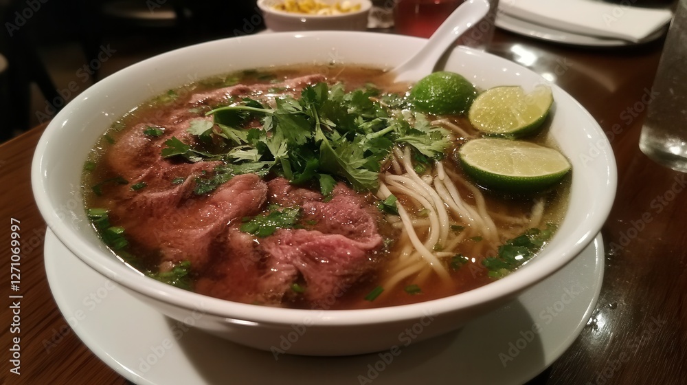 Vietnamese pho with clear beef broth, rice noodles, slices of beef, fresh herbs, bean sprouts, and lime wedges on the side. Vietnamese pho with clear beef broth, rice noodles, slices of beef, fresh herbs, bean sprouts, and lime wedges on the side.