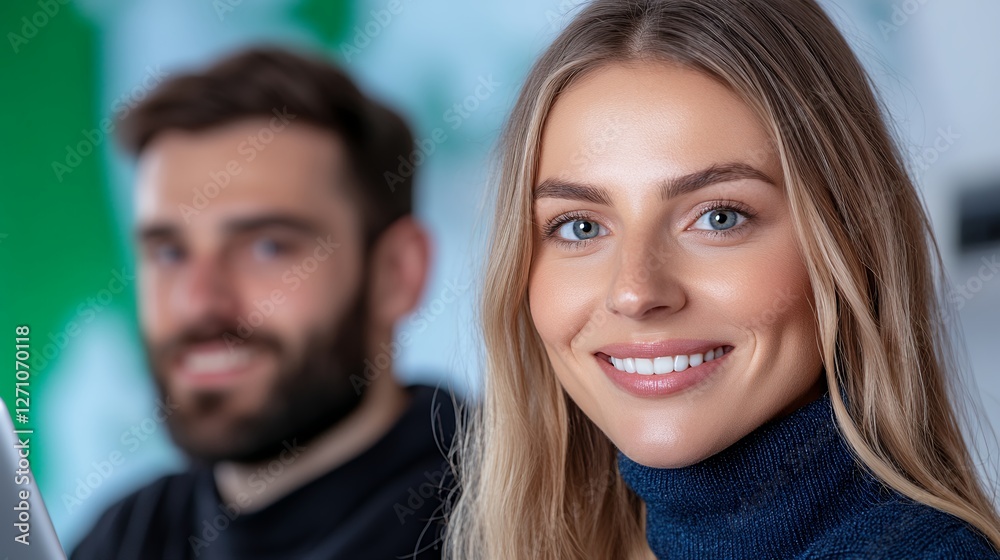 Smiling Young Woman in Dark Turtleneck Sweater in Collaborative Office Environment with Blurred Background Figure Smiling Young Woman in Dark Turtleneck Sweater in Collaborative Office Environment with Blurred Background Figure