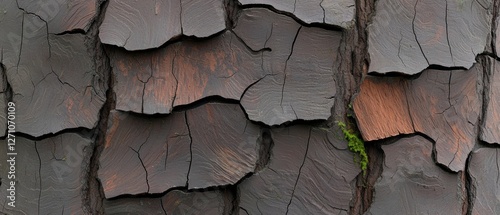 A close-up view of a weathered tree trunk, revealing its cracked and textured surface. photo