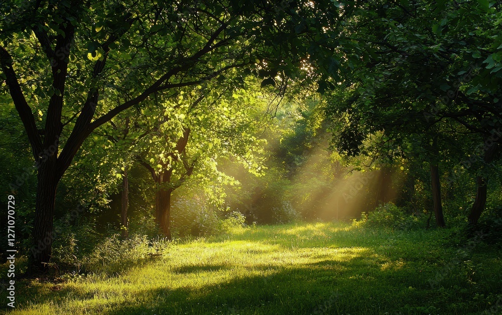 Obraz premium 22. Natural outdoor lighting A lush green forest glowing under warm summer light