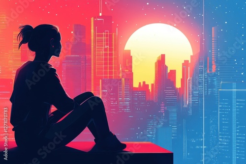 Vector Illustration of a Woman Relaxing Against a Sci-Fi City Scene.