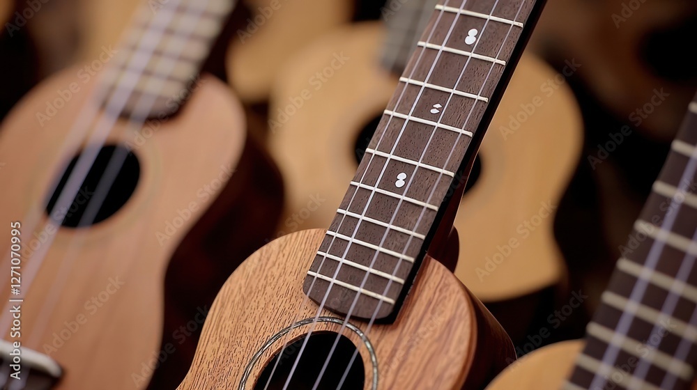 Fototapeta premium Close-Up of Multiple Brown Wooden Ukuleles