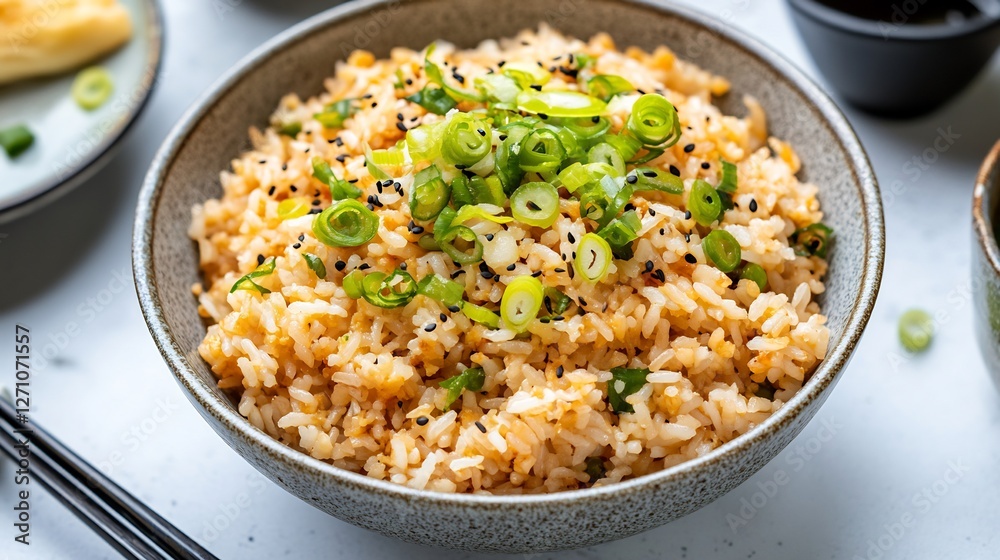 Bowl of Japanese fried rice garnished scallion arranged neatly clean topdown shot Bowl of Japanese fried rice garnished scallion arranged neatly clean topdown shot