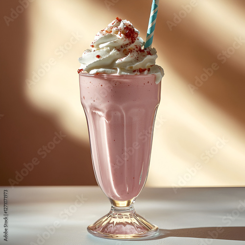 Strawberry shake with whipped cream on top, striped straw, retro milkshake, dessert drink, refreshments