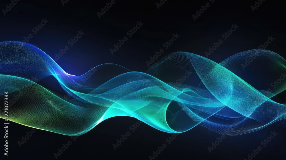 Abstract electric blue and green sound waves dynamically vibrating over a futuristic tech-inspired black background. Abstract electric blue and green sound waves dynamically vibrating over a futuristic tech-inspired black background.