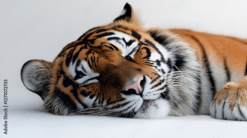 Obraz premium Dramatic close-up portrait of resting Bengal tiger with intense blue eyes isolated on white background, powerful Asian wildlife photography, peaceful predator expression