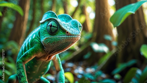 Bright green chameleon exploring lush rainforest under dappled sunlight in vibrant ecosystem