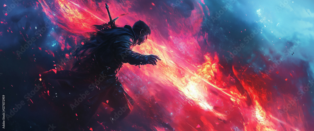 Obraz premium Heroic Fighter Charging Through Flames in a Fantasy Battle