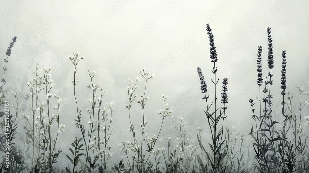 Obraz premium Delicate Wildflowers and Lavender in a Foggy Meadow, Soft Pastel Background for Designs