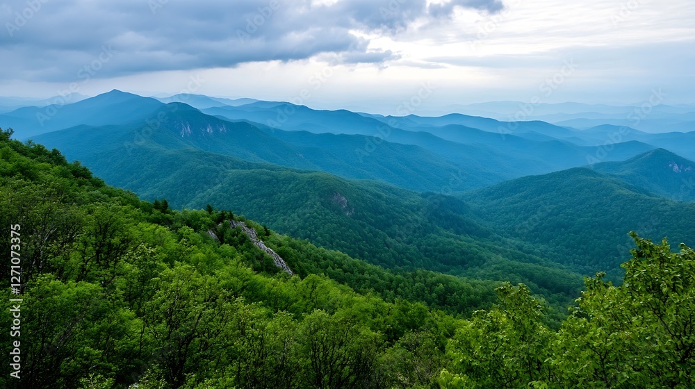 Breathtaking Mountain Landscape with Lush Green Forest Under Cloudy Sky : Generative AI Breathtaking Mountain Landscape with Lush Green Forest Under Cloudy Sky : Generative AI