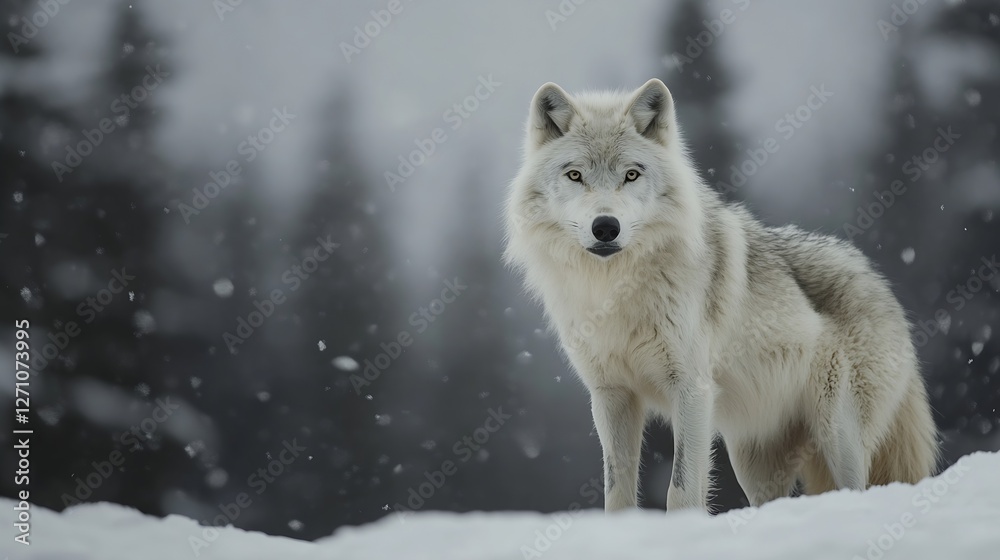 Obraz premium Majestic white wolf standing on snow with a blurred snowy forest backdrop creating an ethereal scene : Generative AI