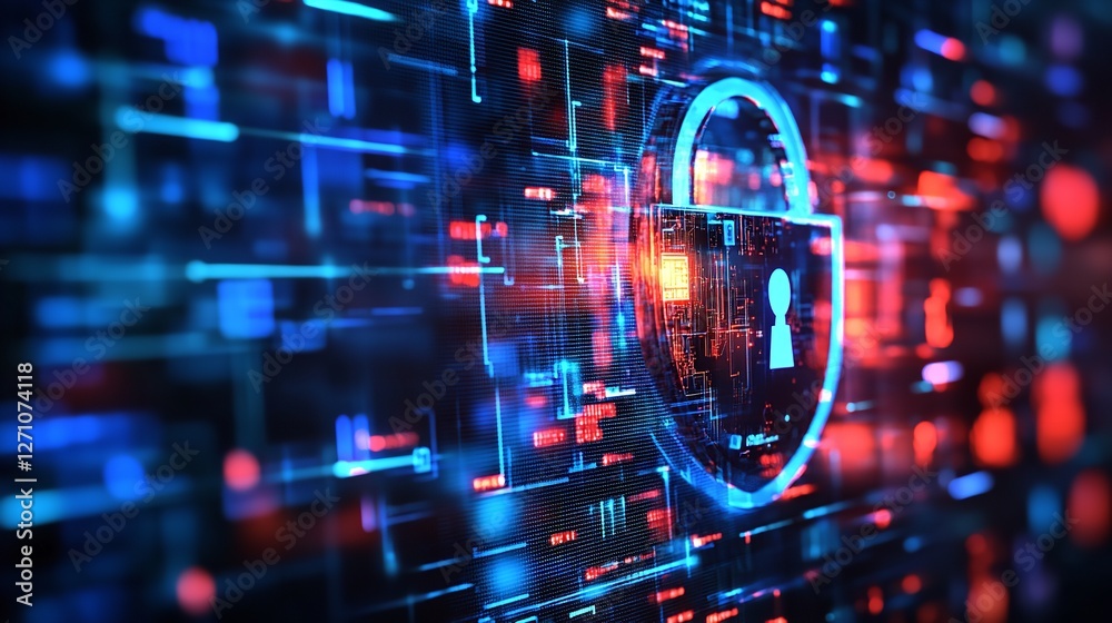 Obraz premium Cybersecurity Grid: A Glowing Padlock Overlayed on a Complex Network of Data Streams and Circuitry, Visualizing Data Protection, Network Security, and the Interconnectedness of Digital Systems.