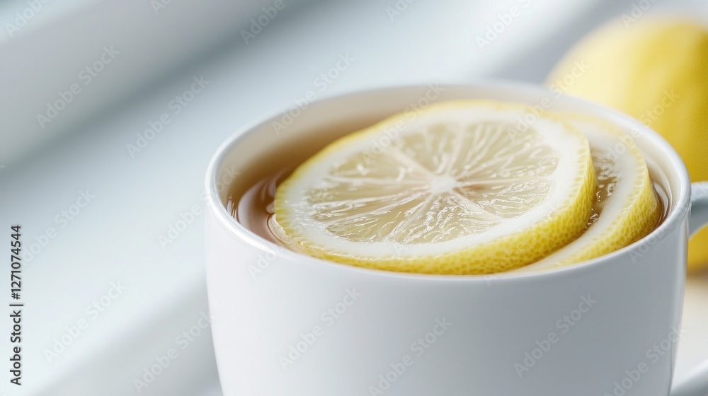 White mug of lemon tea by window White mug of lemon tea by window