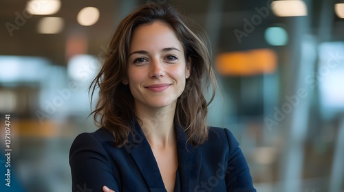 Free Download Confident businesswoman smiling, airport background, corporate headshot - GFXLoad