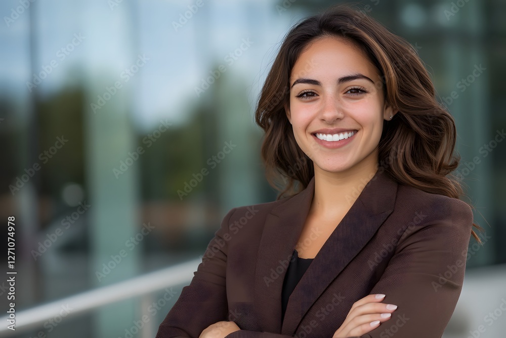Fototapeta premium Confident businesswoman smiling, arms crossed, modern office background, corporate headshot