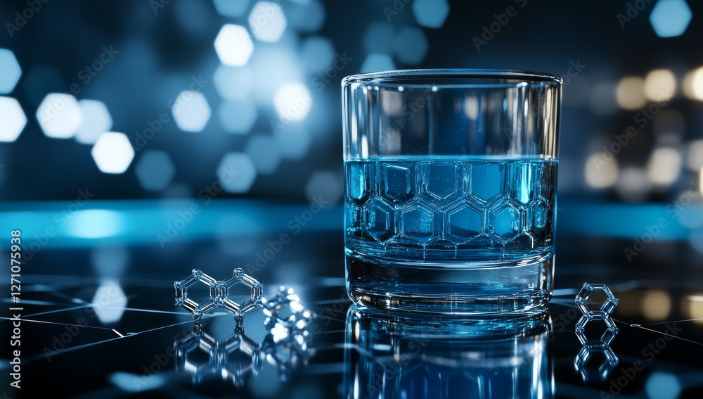A science research concept featuring laboratory glassware, digital molecular structures, hexagonal chemical bonds, and futuristic blue-toned lighting in ultra-HD clarity A science research concept featuring laboratory glassware, digital molecular structures, hexagonal chemical bonds, and futuristic blue-toned lighting in ultra-HD clarity