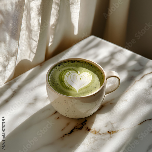 Elegant matcha latte with heart design. The light of the morning sun highlights the marble table.