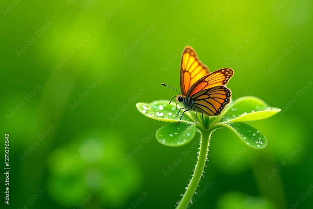 Fototapeta premium A butterfly resting on a bright green shamrock, glistening with morning dew.