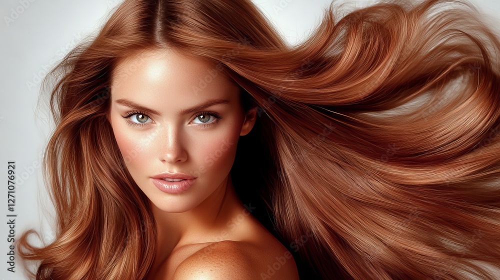 A young, beautiful woman with long, perfect, healthy, lovely, and shiny hair swings her head from side to side, happy with her beauty products, hair shampoo, or conditioner A young, beautiful woman with long, perfect, healthy, lovely, and shiny hair swings her head from side to side, happy with her beauty products, hair shampoo, or conditioner
