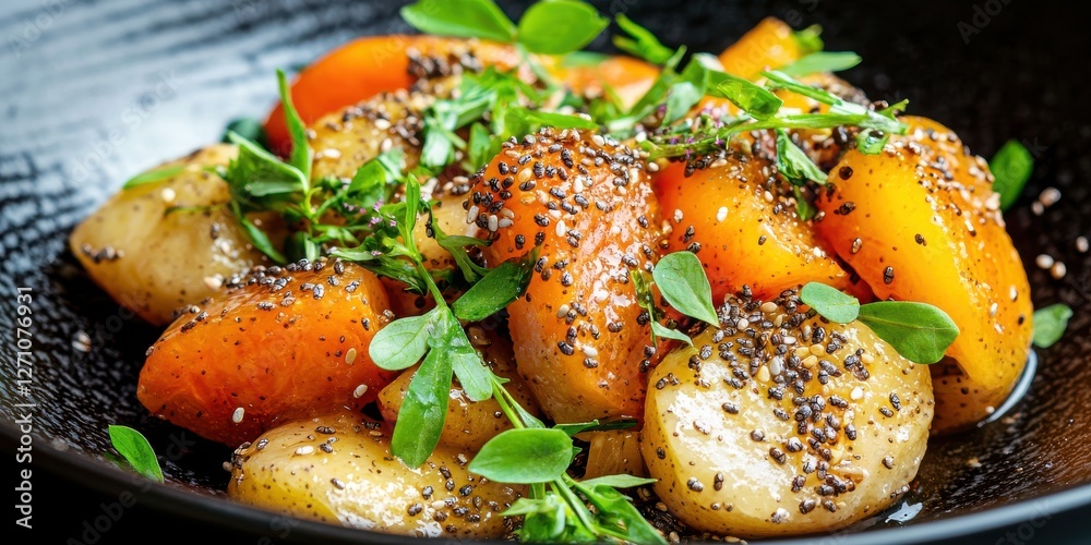 A vibrant dish featuring roasted carrots and parsnips, seasoned with herbs and spices, served in a dark bowl. A vibrant dish featuring roasted carrots and parsnips, seasoned with herbs and spices, served in a dark bowl.