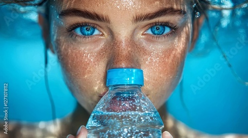 Drinking water from a bottle with visible microplastics, a person brings attention to the risks of consuming them