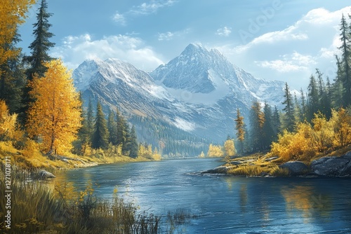 Serene Autumn Mountain River Landscape - A tranquil autumn scene, symbolizing peace, nature's beauty, seasonal change, majestic mountains, and serene reflection