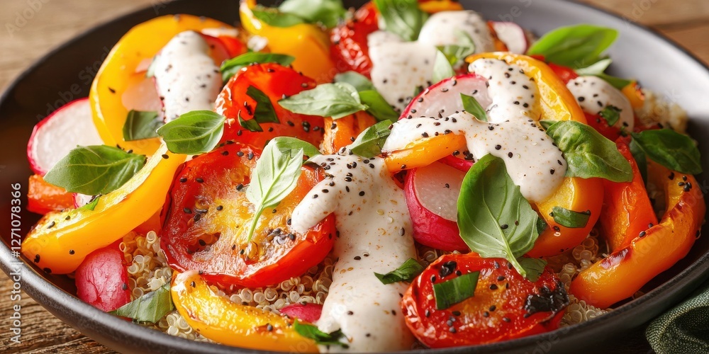 A colorful salad with quinoa, roasted bell peppers, radishes, and a creamy dressing, garnished with fresh basil leaves. A colorful salad with quinoa, roasted bell peppers, radishes, and a creamy dressing, garnished with fresh basil leaves.