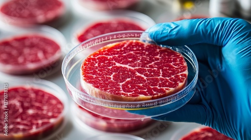 In a sterile setting, a scientist inspects a petri dish of lab-grown meat, symbolizing advancements in food innovation