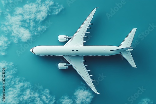 Airplane flying through cloud on blue sky. Airplane aerial view. paper cut and craft style