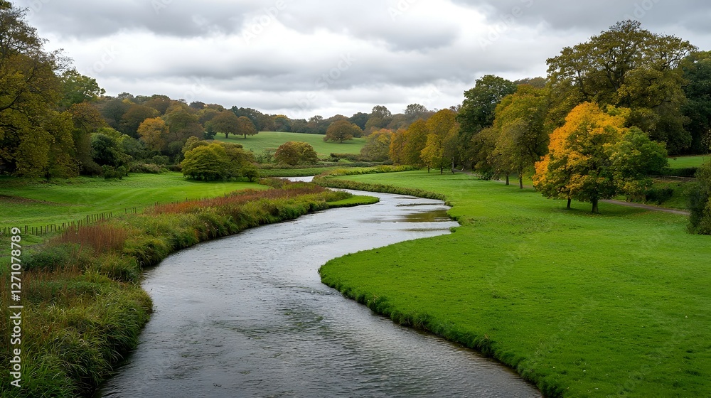 Autumn River Landscape: Green Meadows and Colorful Trees Autumn River Landscape: Green Meadows and Colorful Trees