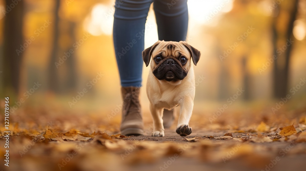 A person walking a small dog in a park filled with golden autumn leaves. The scene is bathed in soft sunlight A person walking a small dog in a park filled with golden autumn leaves. The scene is bathed in soft sunlight