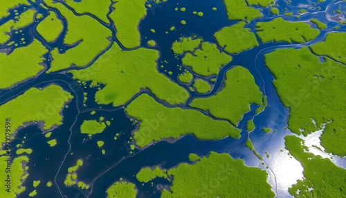Aerial view of a vibrant wetlands landscape, with intricate patterns of waterways winding through lush green vegetation and contrasting dark soil. The scene features shimmering reflections on the wate